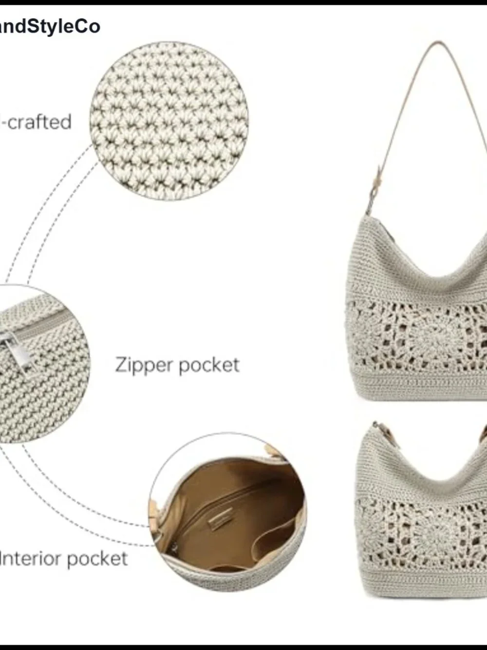 Hand-Crochet Hobo Purse Woven Shoulder Bag Tote Zipper Boho